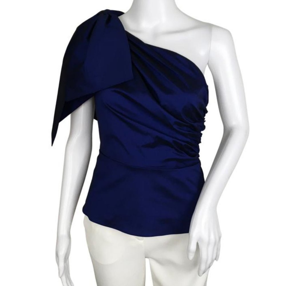 Veronica Beard Women's Armond Taffeta One Shoulder Top Bow Ruched Sapphire Blue